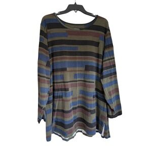 Denim & Co Womens 3X Tunic Top Long Sleeve Geometric Stripe Olive Blue Burgundy